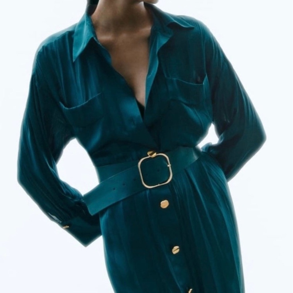 Zara Teal Long Sleeve Dress with Belt - Picture 2 of 7
